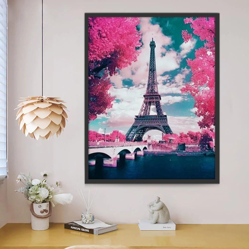 Eiffel et Arbre Rose Peinture par Numéros