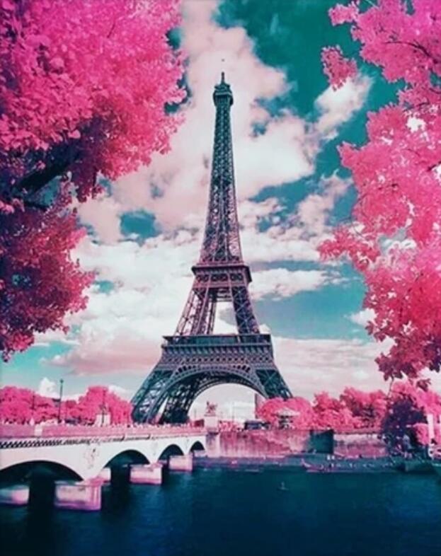 Eiffel et Arbre Rose Peinture par Numéros