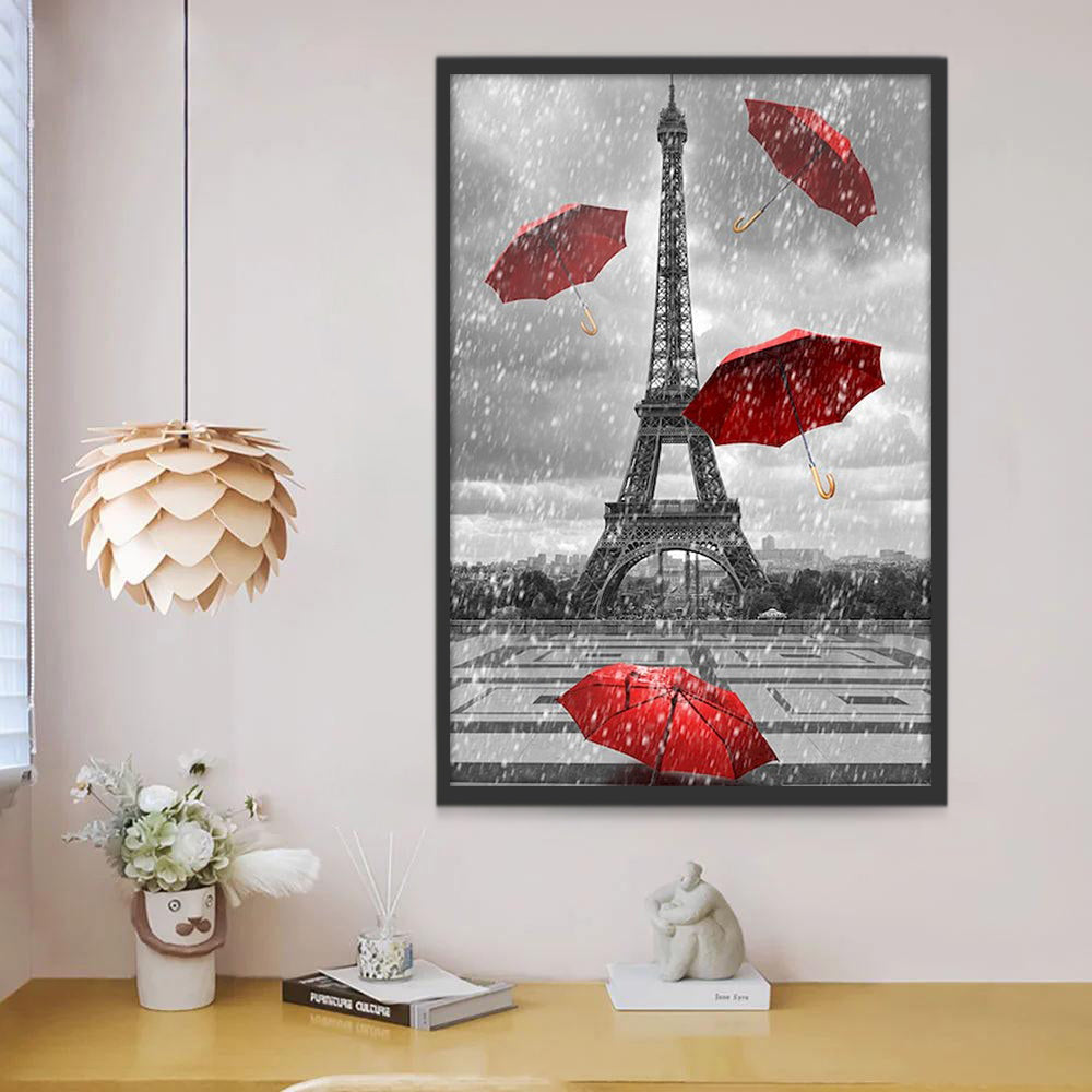 Eiffel sous la Pluie avec les Parapluies Rouges Peinture par Numéros