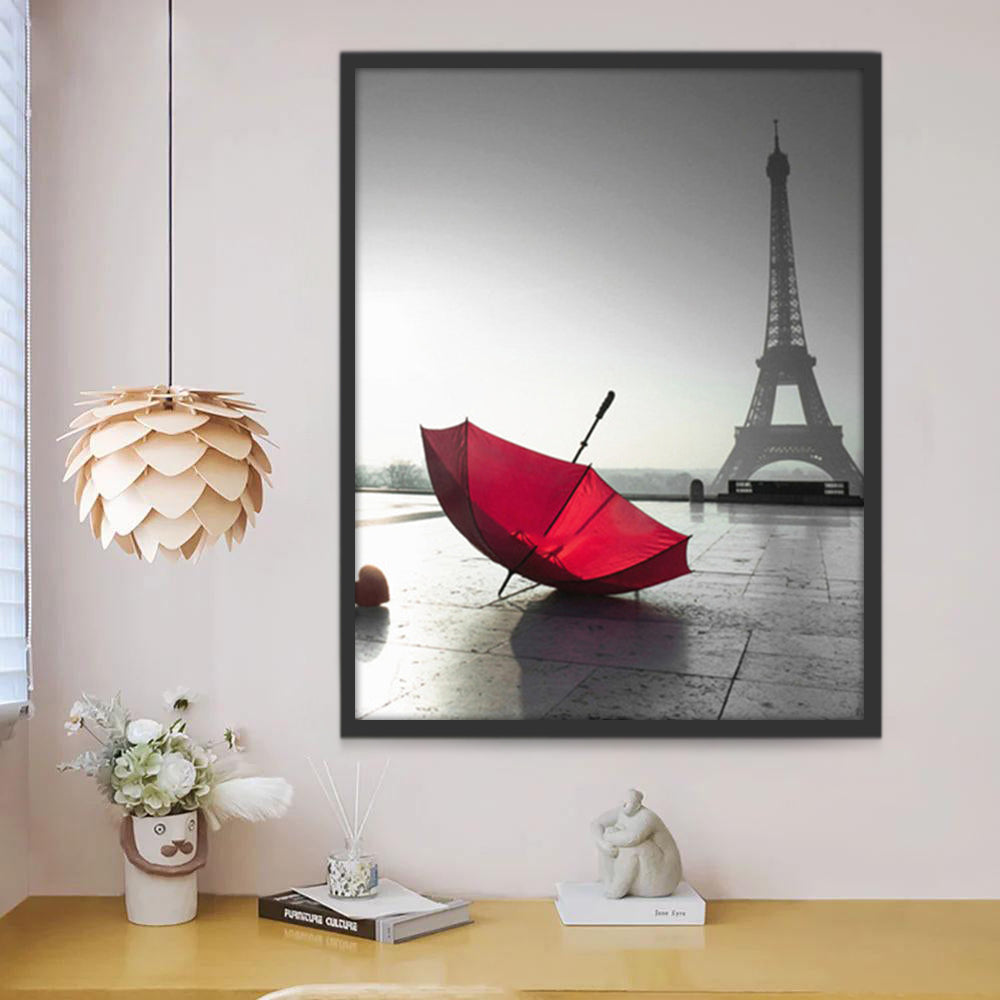 Eiffel sous la Pluie avec un Parapluie Rouge Peinture par Numéros