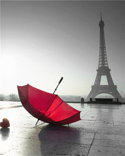 Eiffel sous la Pluie avec un Parapluie Rouge Peinture par Numéros