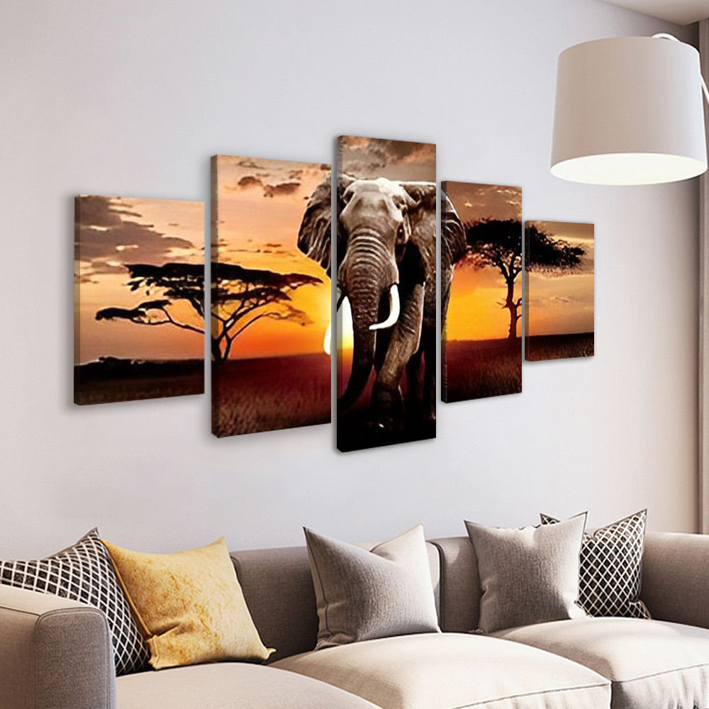 Éléphant et le Soleil Couchant 5 Partie Peinture par Numéros