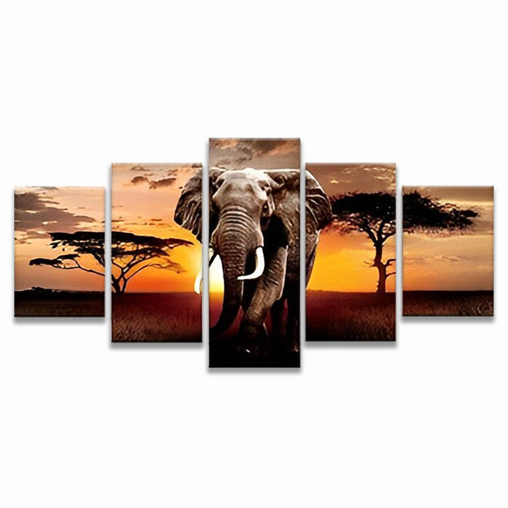 Éléphant et le Soleil Couchant 5 Partie Peinture par Numéros