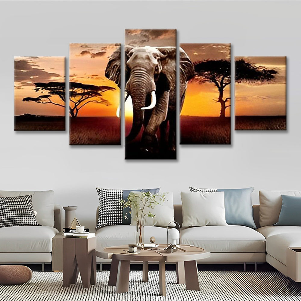 Éléphant et le Soleil Couchant 5 Partie Peinture par Numéros