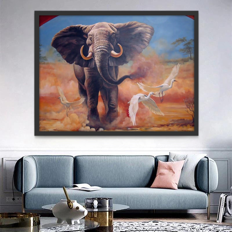 Éléphant et les Aigrettes Blanches Peinture par Numéros