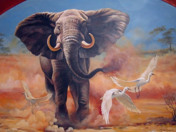Éléphant et les Aigrettes Blanches Peinture par Numéros