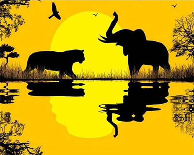 Éléphant et Lionne Peinture par Numéros