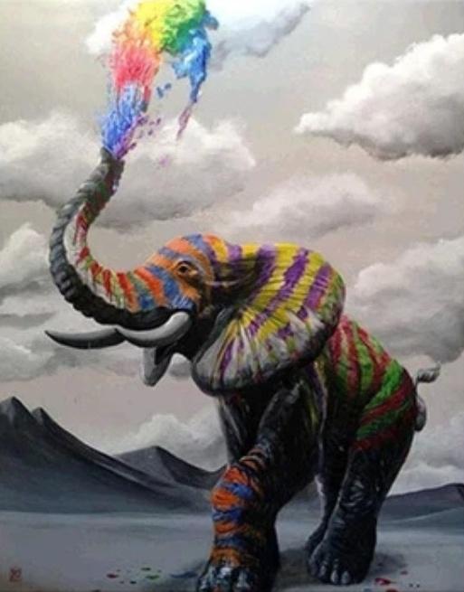 Éléphant Pulvérisant de Couleurs et les Nuages Peinture par Numéros