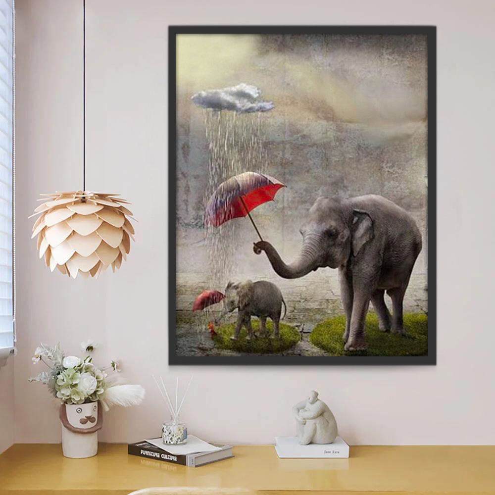 Éléphants et Parapluies Rouges Peinture par Numéros