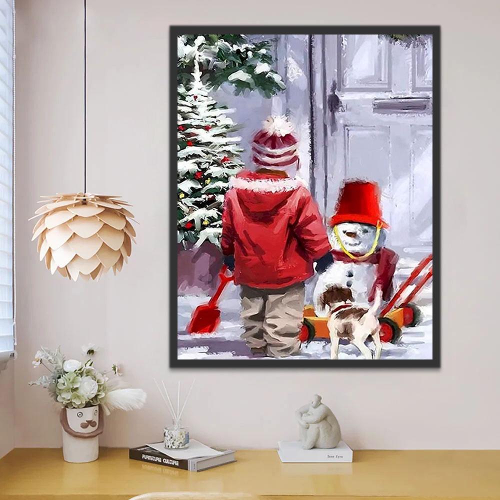 Enfant Chiot et Bonhomme de Neige Peinture par Numéros