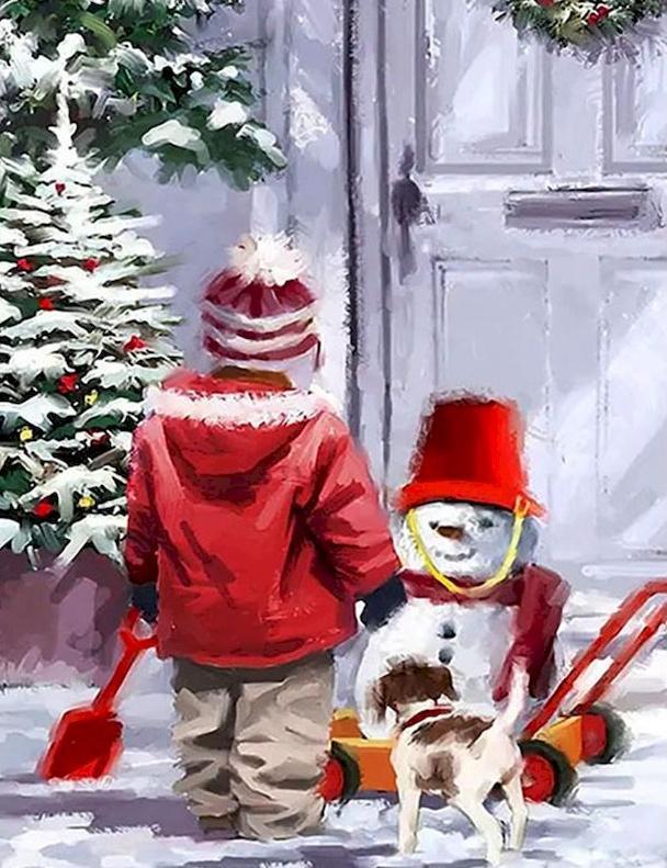 Enfant Chiot et Bonhomme de Neige Peinture par Numéros