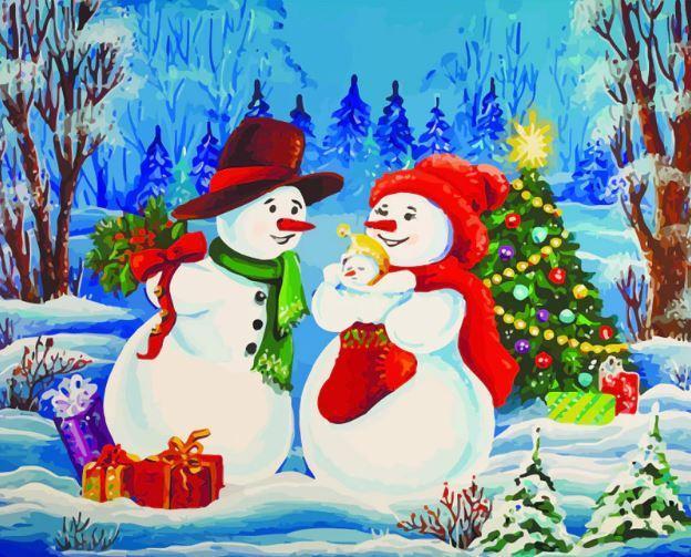 Famille de Bonhomme de Neige Heureuse Peinture par Numéros