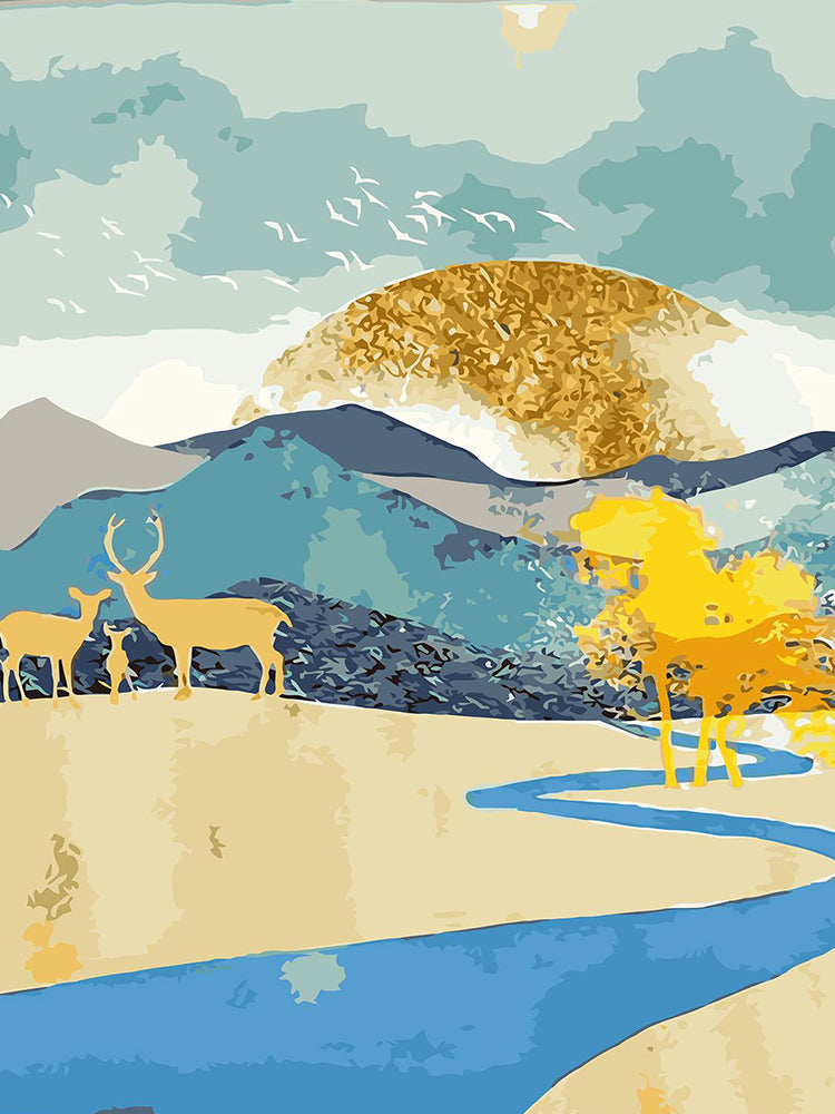 Famille de Cerfs Dorés dans le Paysage Naturel Peinture par Numéros