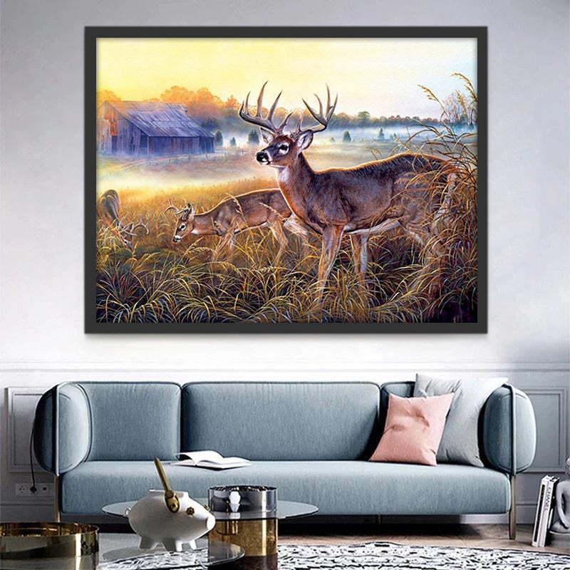 Famille de Cerfs Mangeant Herbes Peinture par Numéros