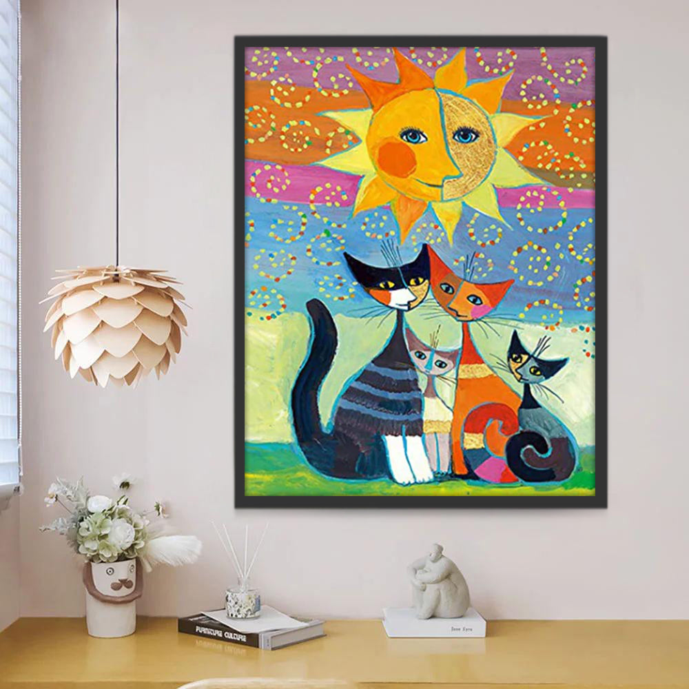 Famille de Chats Abstraits et le Soleil Peinture par Numéros