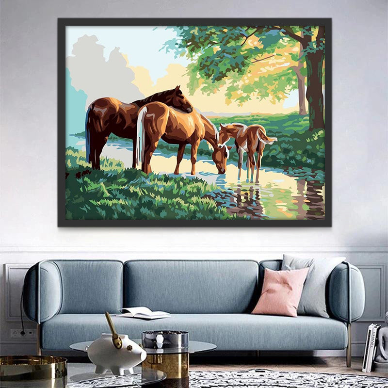 Famille de Cheval Buvant de l'Eau Peinture par Numéros