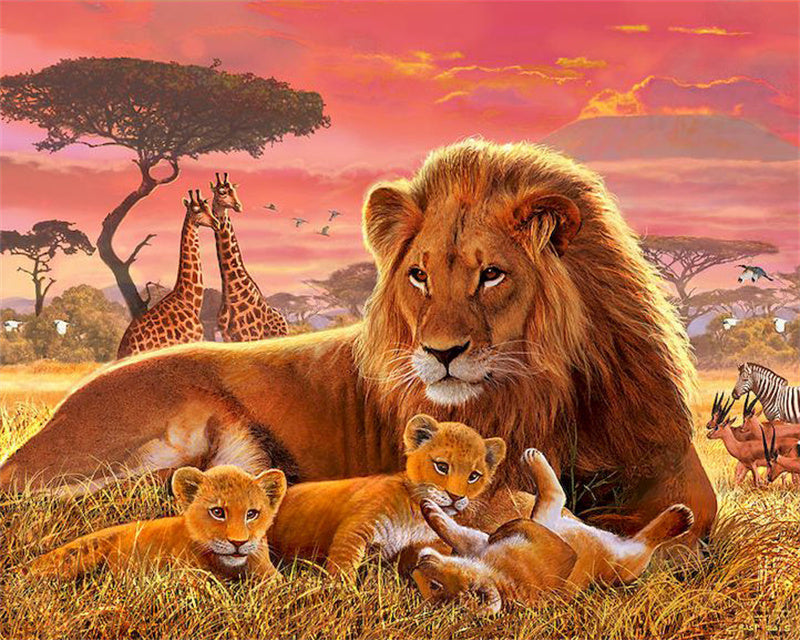 Famille de Lions et Girafes Peinture par Numéros