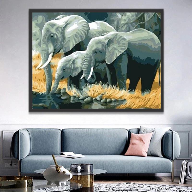 Famille d'Éléphant au Bord de l'Eau Peinture par Numéros