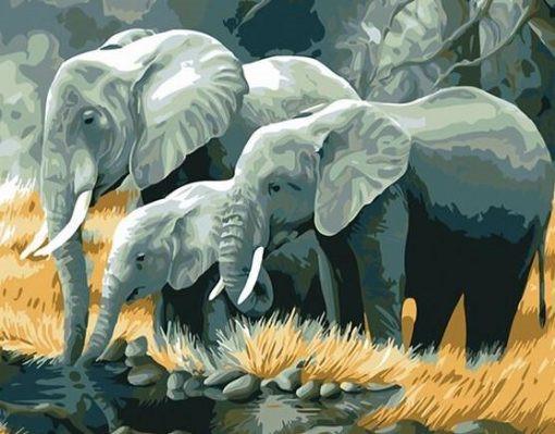 Famille d'Éléphant au Bord de l'Eau Peinture par Numéros