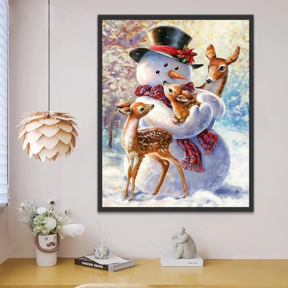 Faons et Bonhomme de Neige Noël Peinture par Numéros