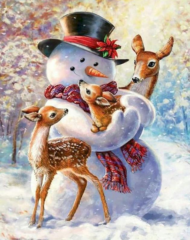 Faons et Bonhomme de Neige Noël Peinture par Numéros