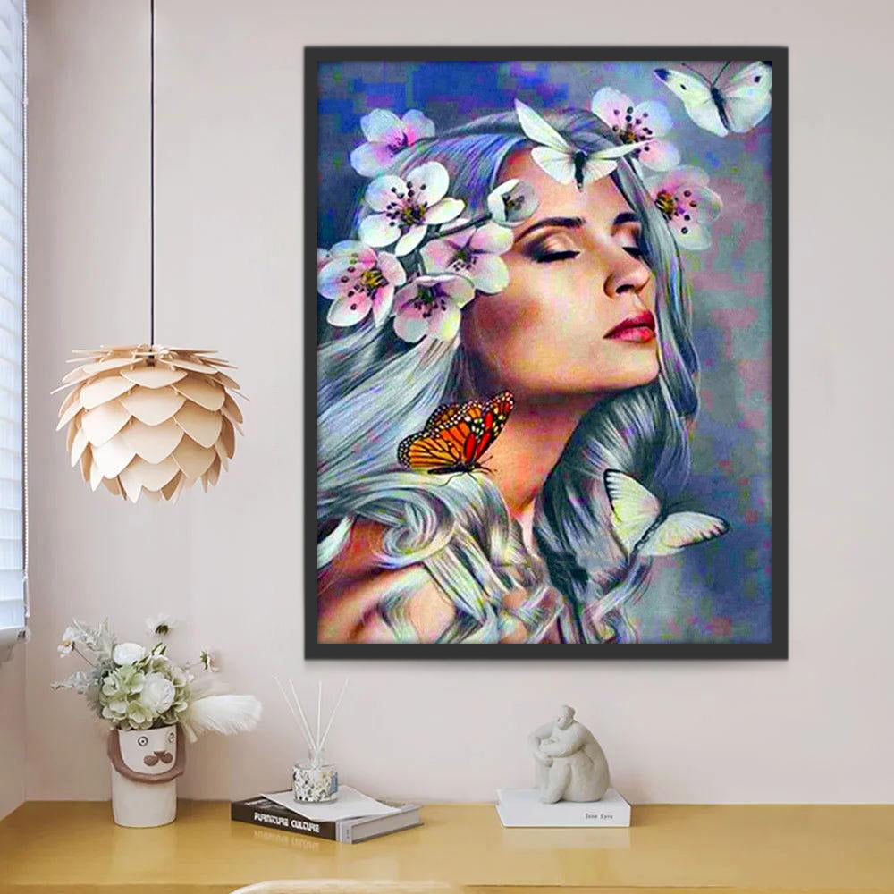 Femme aux Cheveux Blancs et Papillons Peinture par Numéros