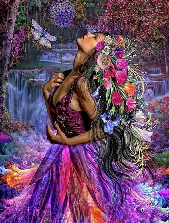 Femme avec des Fleurs en Robe Violette Peinture par Numéros