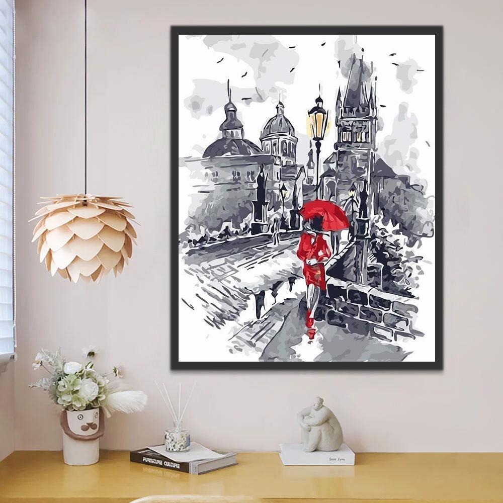 Femme avec Robe Rouge Paysage Ville Peinture par Numéros