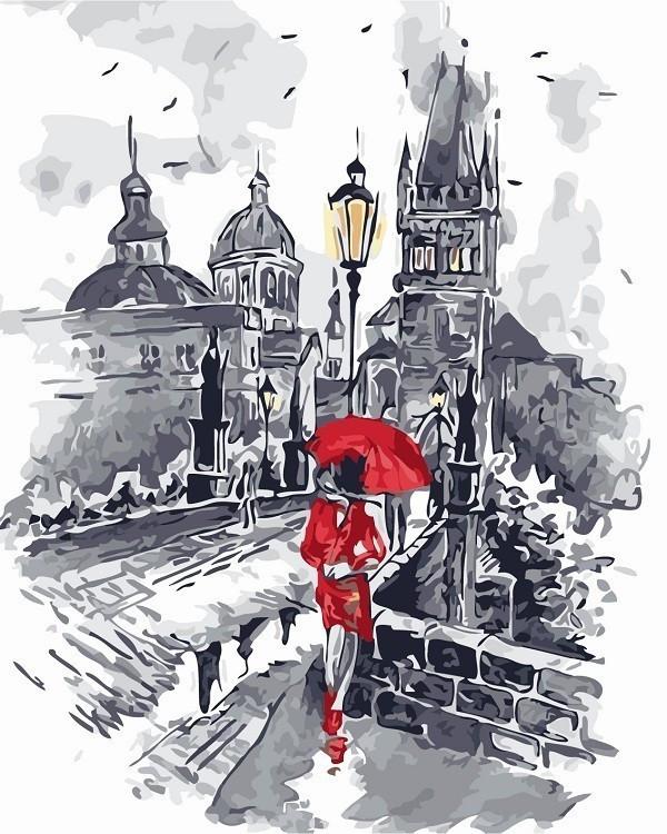 Femme avec Robe Rouge Paysage Ville Peinture par Numéros