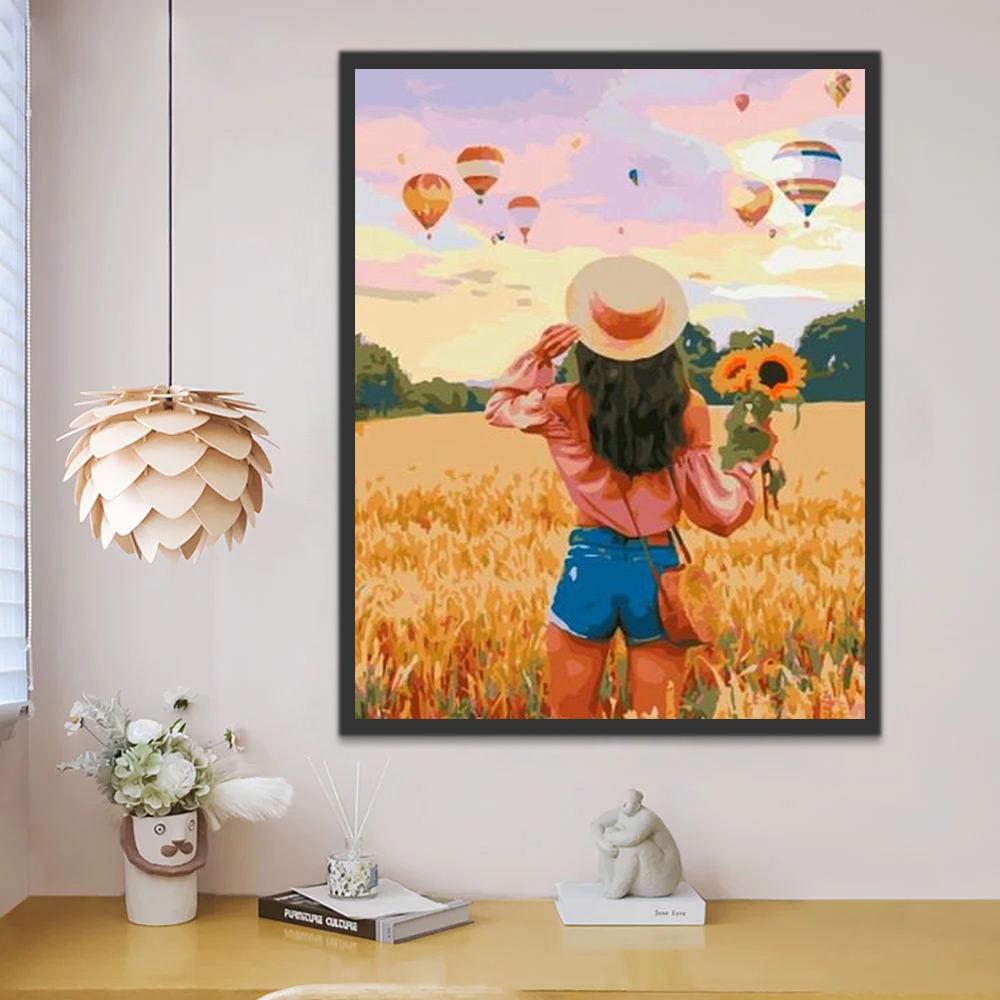 Femme Debout dans Champ de Fleurs Peinture par Numéros