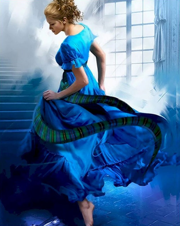 Femme en Belle Robe Bleue Peinture par Numéros