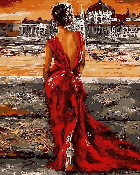 Femme en Robe Rouge Elégante Peinture par Numéros