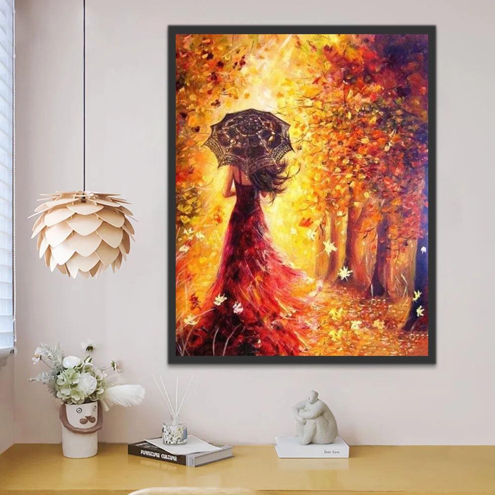 Femme en Robe Rouge et Parapluie Rouge Peinture par Numéros