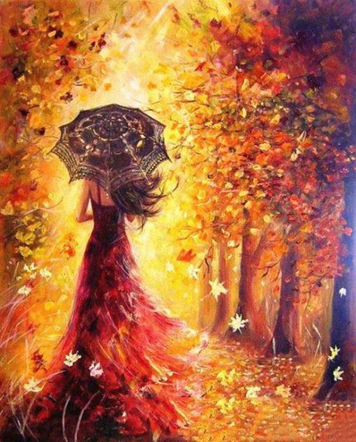 Femme en Robe Rouge et Parapluie Rouge Peinture par Numéros