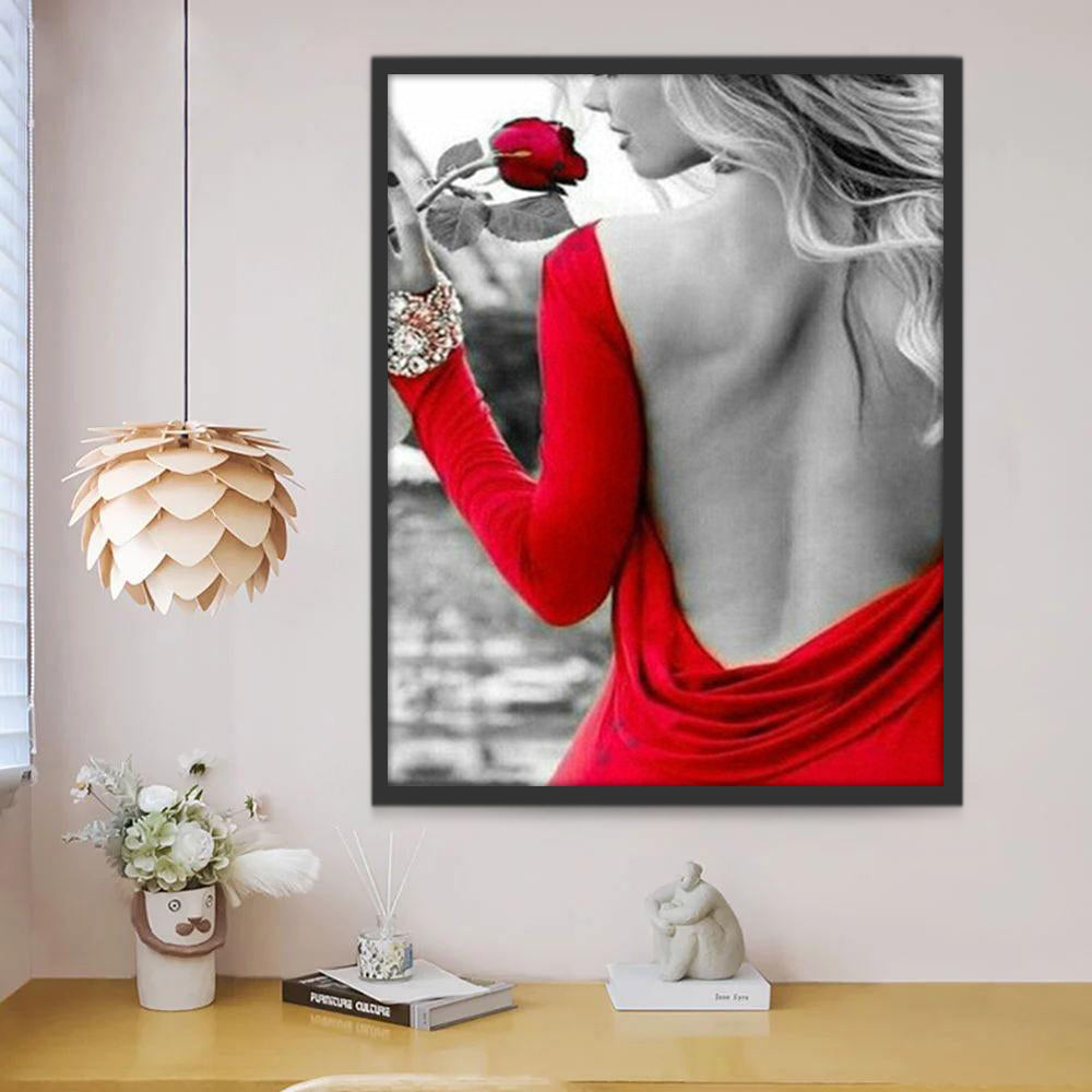 Femme en Robe Rouge et Rose Rouge Peinture par Numéros