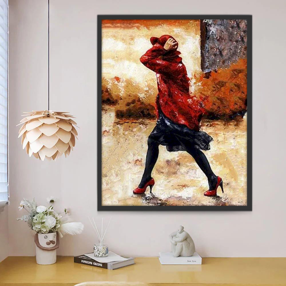 Femme en Rouge dans le Vent Peinture par Numéros