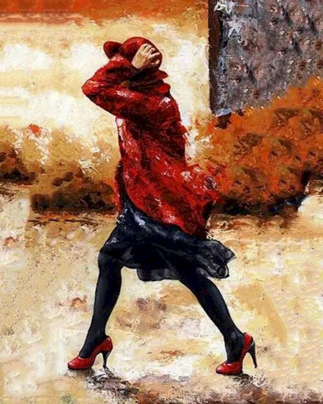 Femme en Rouge dans le Vent Peinture par Numéros