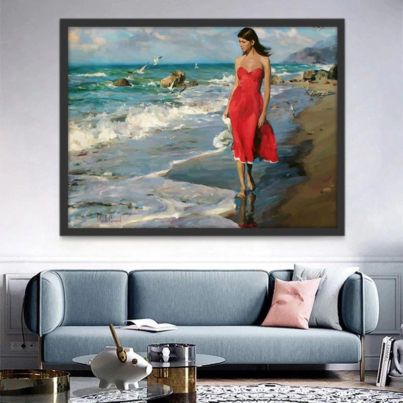 Femme en Rouge et Mer Peinture par Numéros