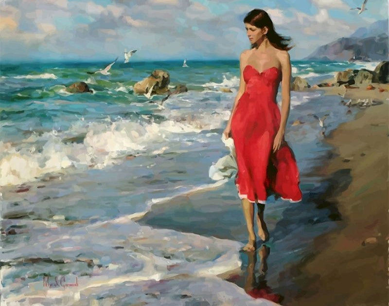 Femme en Rouge et Mer Peinture par Numéros