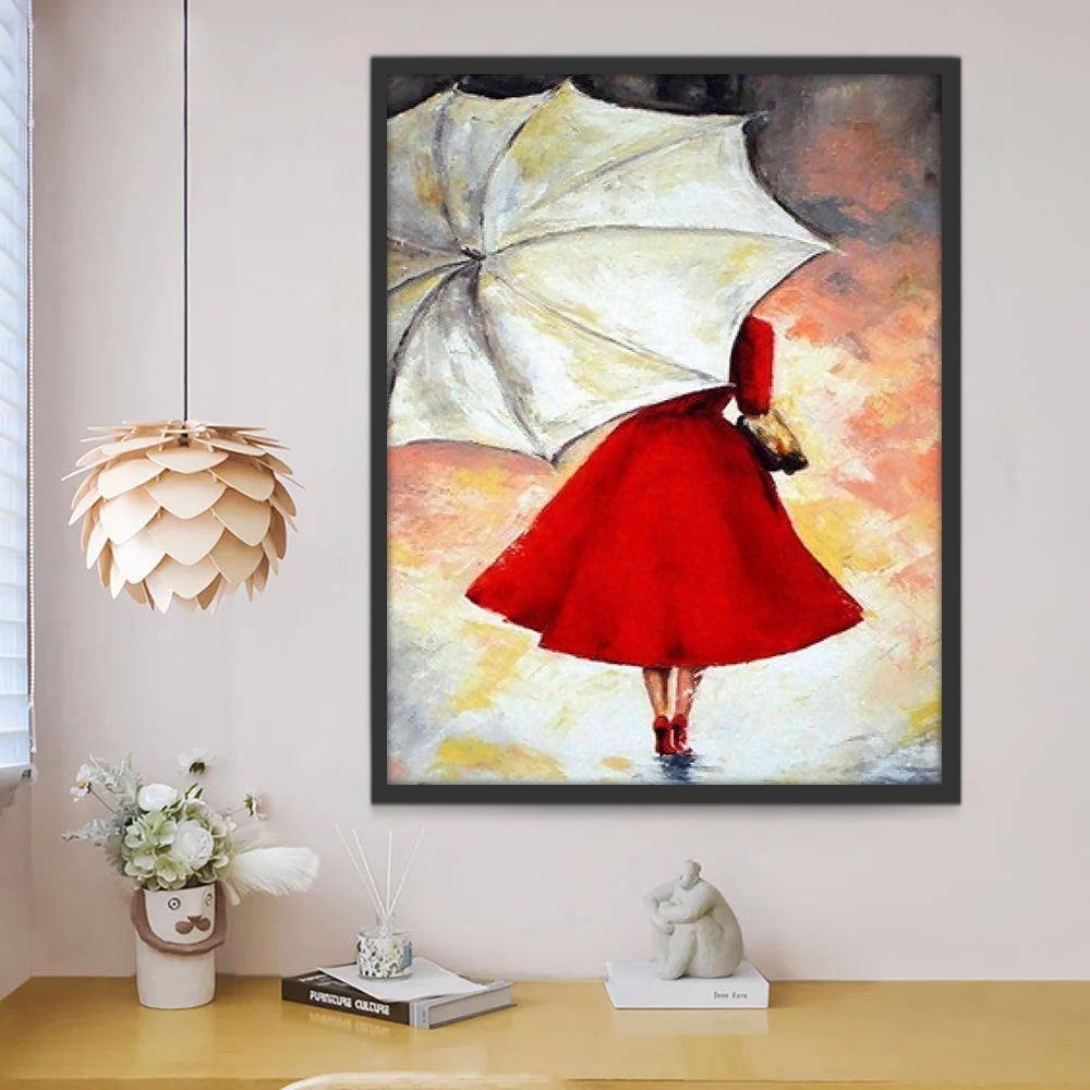 Femme en Rouge et Parapluie Blanche Peinture par Numéros