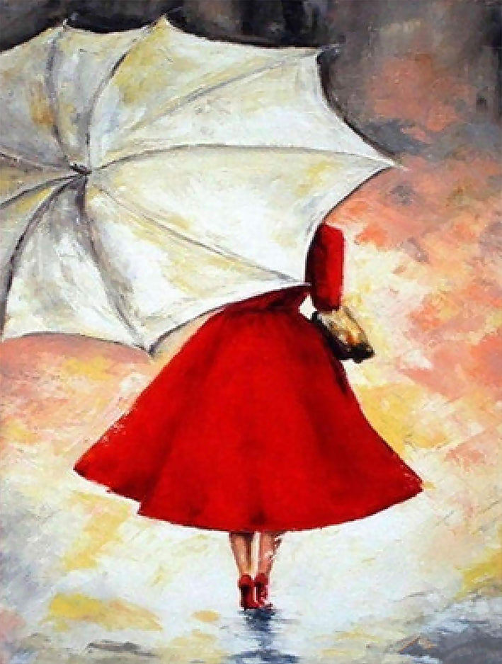Femme en Rouge et Parapluie Blanche Peinture par Numéros