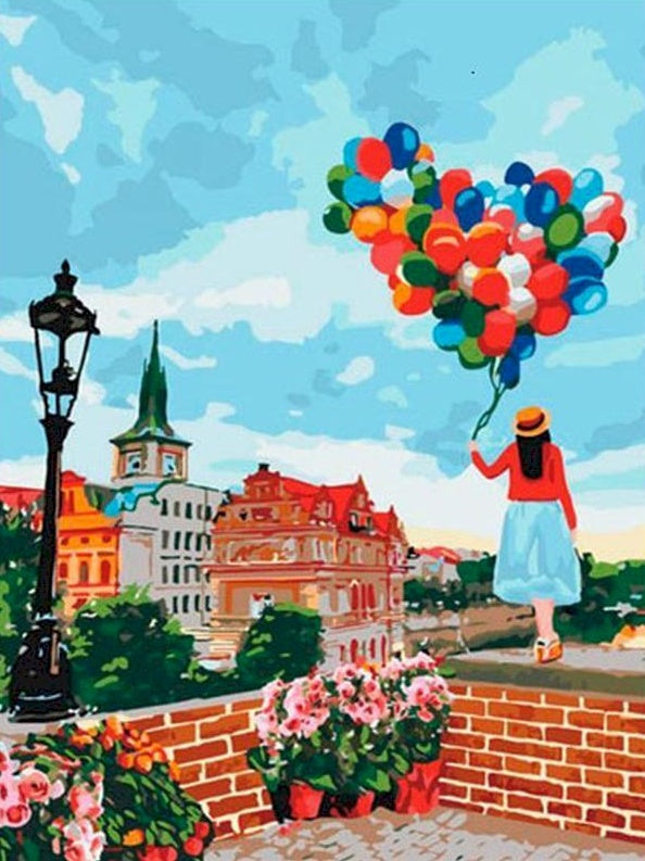 Femme et Ballon Coeur Peinture par Numéros