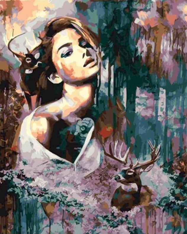 Femme et Cerfs Peinture par Numéros