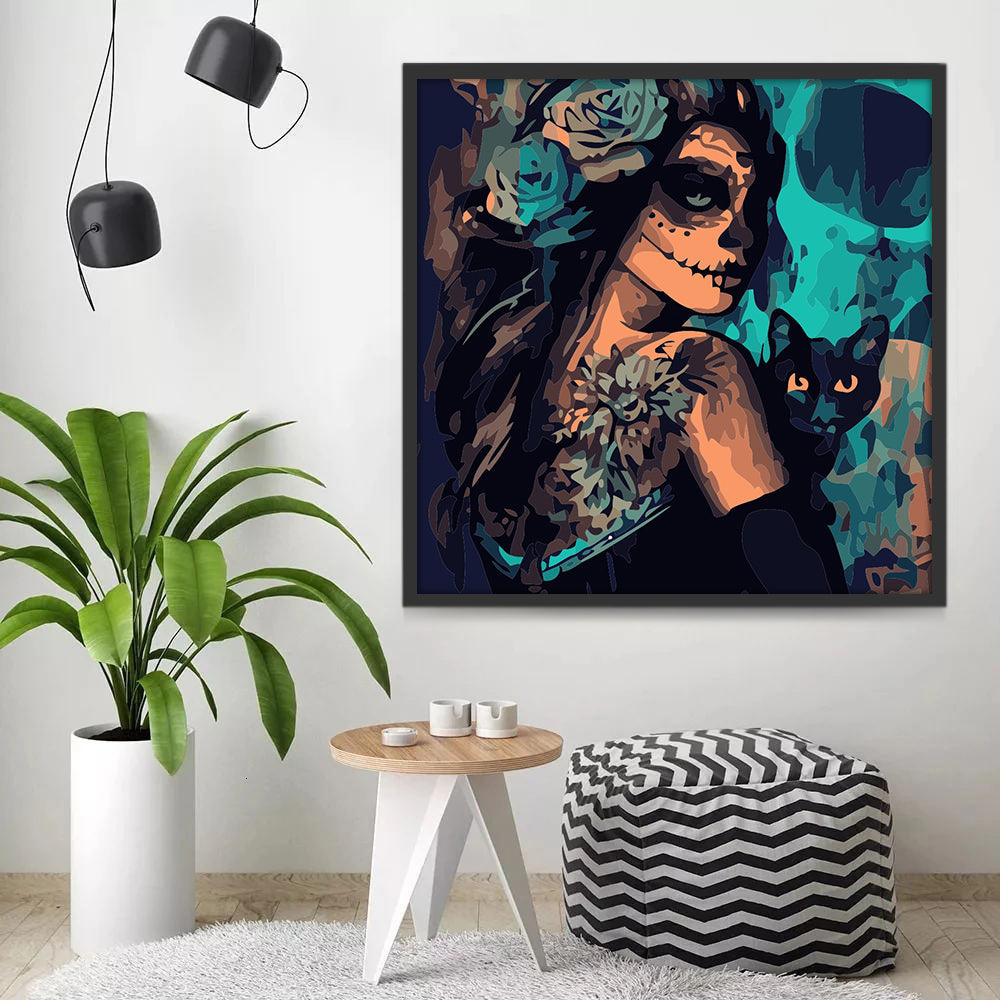 Femme et Chat Noir Peinture par Numéros