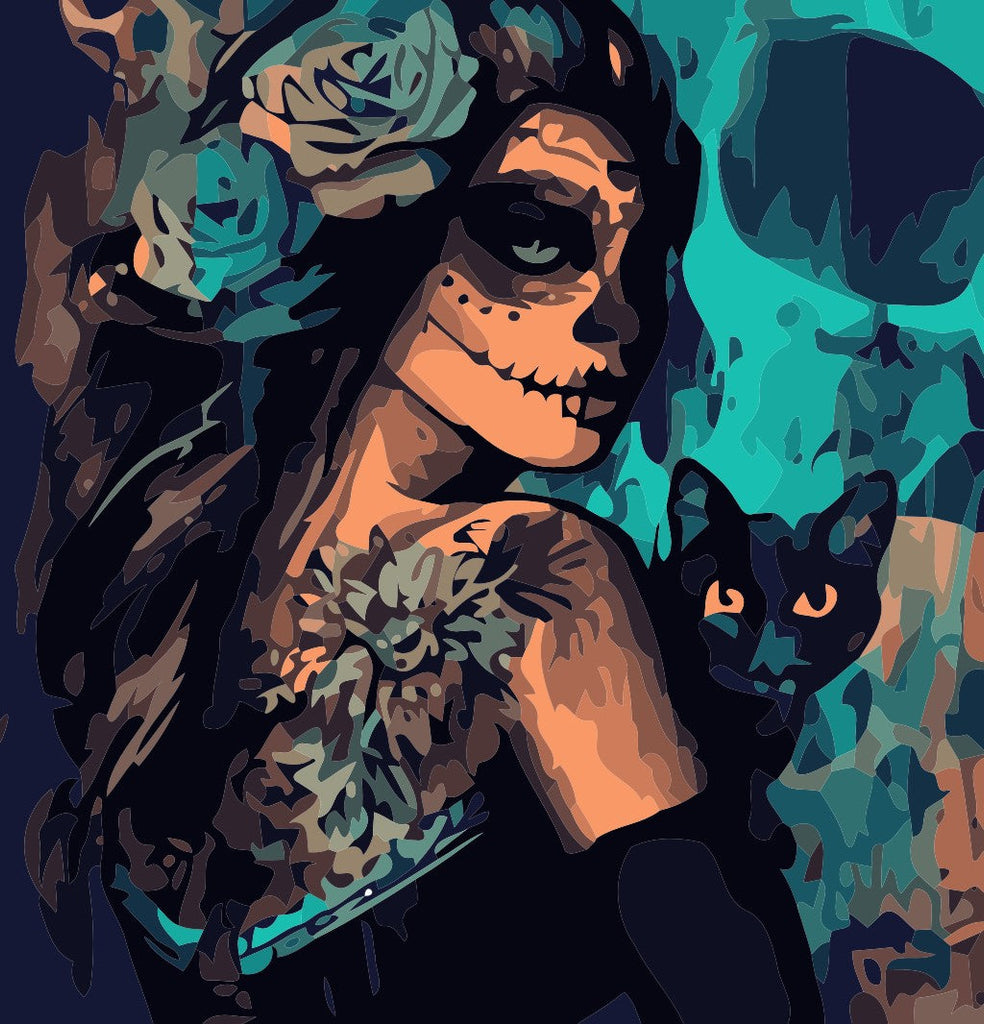 Femme et Chat Noir Peinture par Numéros
