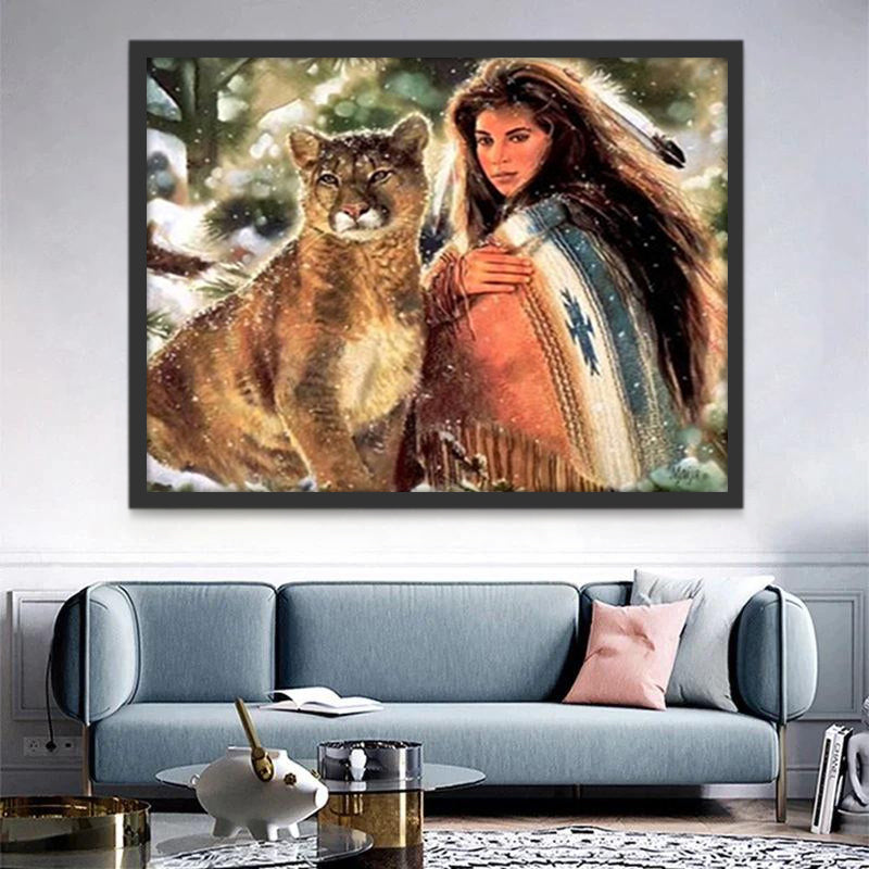 Femme et Cougouar Peinture par Numéros