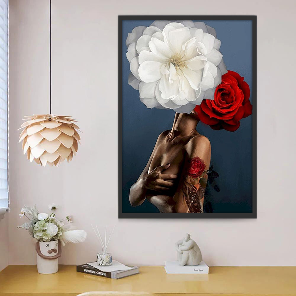 Femme et Fleur Rouge et Blanche Peinture par Numéros