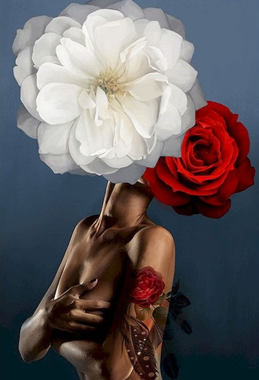 Femme et Fleur Rouge et Blanche Peinture par Numéros