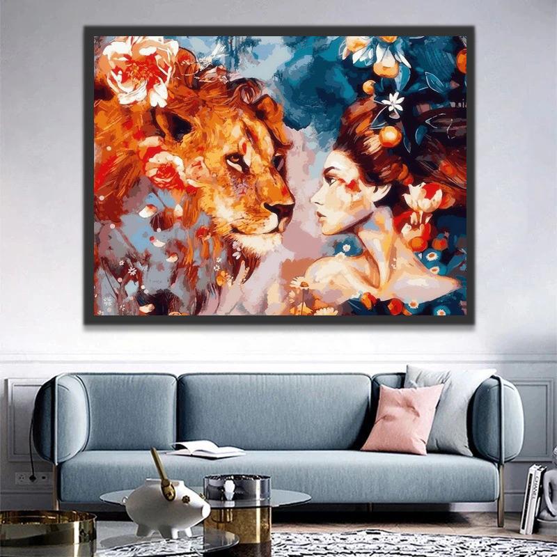 Femme et Lion Roux Peinture par Numéros