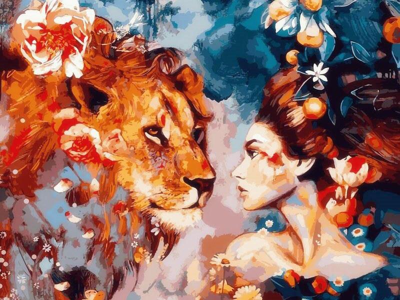 Femme et Lion Roux Peinture par Numéros